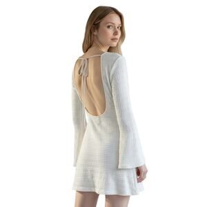 Shein Mini Dress Size Small Beige Textured Open Back Long Bell Sleeves